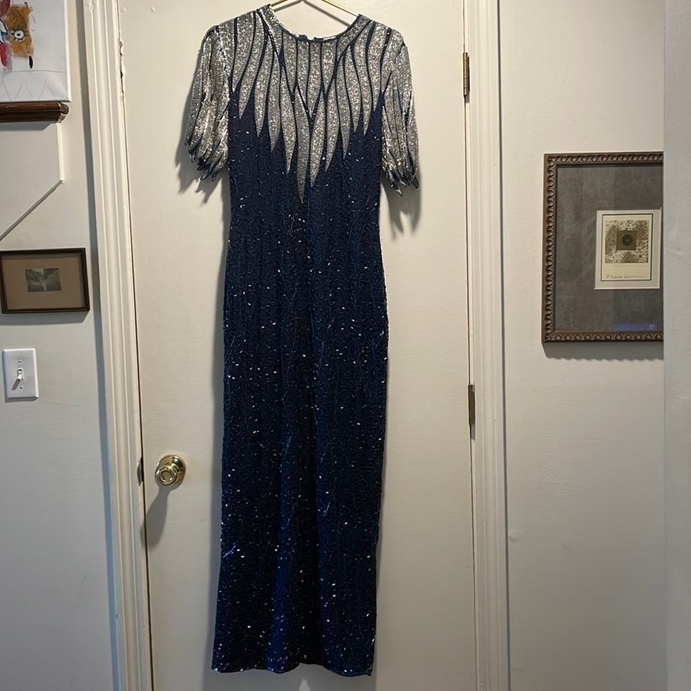 SCALA Silver Leaves Beaded Front Torso and Sleeves Homecoming Prom Gown